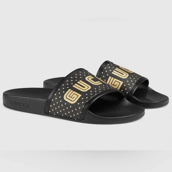 Gucci Black and Gold Star Slide Sandals AUTHENTIC size 38 - Picture 2 of 16